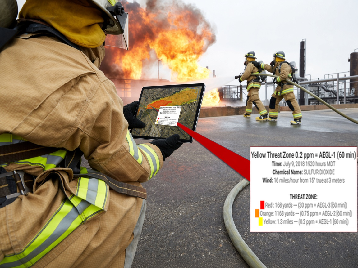 Firefighter holding an iPad showing an LR-x threat zone for sulfur dioxide, with red, orange and yellow AEGL distances called out