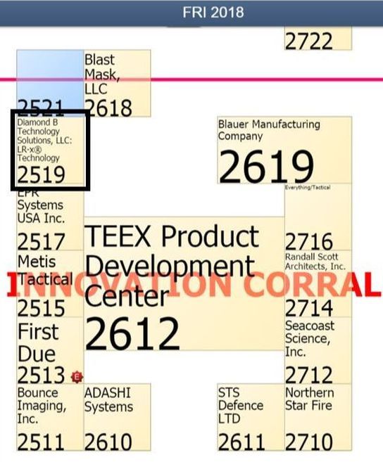 FRI 2018 exhibit floor plan with booth 2519 in the Innovation Corral