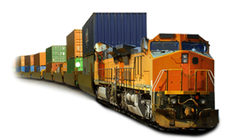 Freight locomotive pulling a long intermodal train