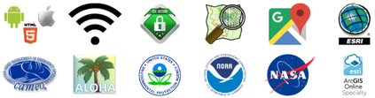 Logos of platforms and data sources LR-x works with: Android, Apple, HTML5, Wi-Fi, SSL, OpenStreetMap, Google Maps, Esri, CAMEO, ALOHA, U.S. EPA, NOAA, NASA and ArcGIS Online