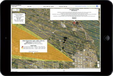 Tablet showing an LR-x plume threat zone over a satellite map with wind streamlines