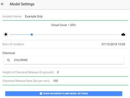 LR-x Model Settings screen with incident name, cloud cover, chemical and release rate fields