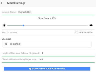 LR-x Model Settings screen with incident name, cloud cover slider, chemical set to chlorine and release rate fields