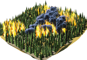 Illustration of a forest fire with a smoke plume rising over terrain